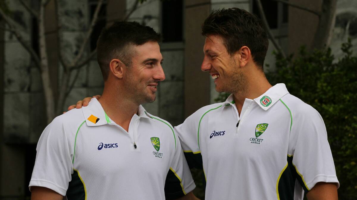 Shaun Marsh, left, and James Pattinson after being named to tour South Africa. Picture: KATE GERAGHTY