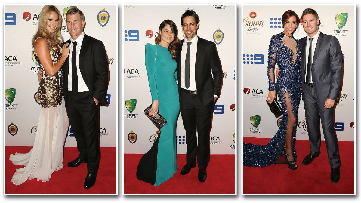 David Warner and Candice Falzon, Mitchell Johnson and Jessica Bratich-Johnson and Michael and Kyly Clarke at the Australian cricket awards. Pictures: GETTY IMAGES