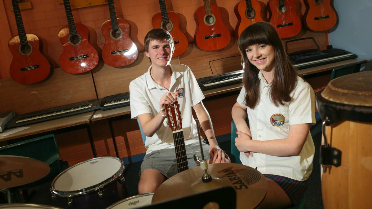 Bulli High music students Byron Morrison-Mills and Erica McDonald-Haynes. Picture: ADAM McLEAN 