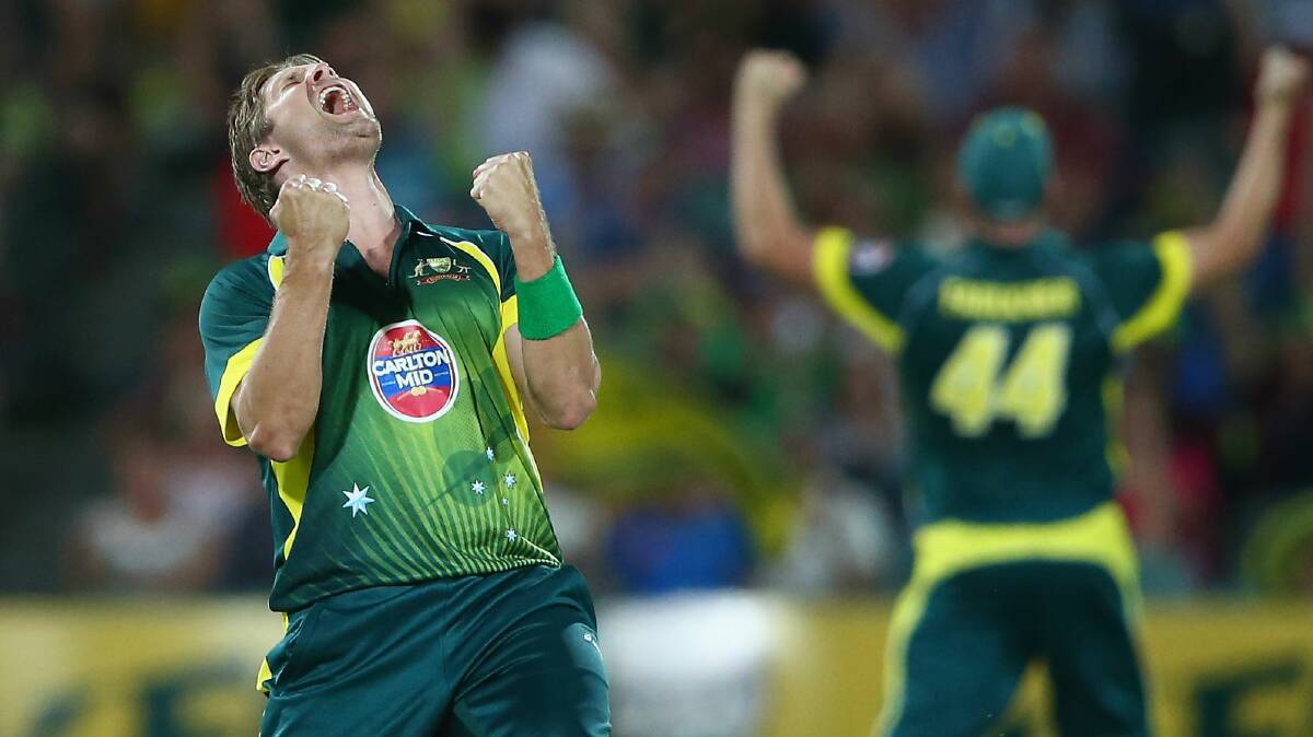 Shane Watson celebrates after taking the final England wicket to earn Australia a 4-1 ODI series victory. Picture: GETTY IMAGES