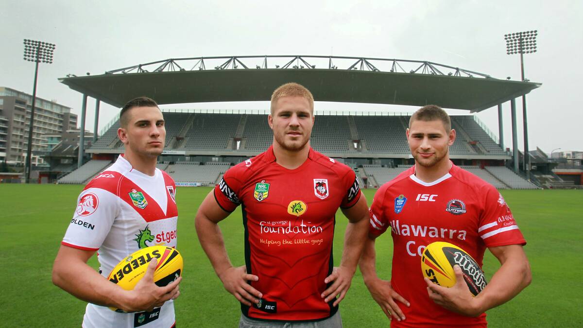 Dragons under-20s player Jack Bird, NRL prop Jack de Belin and Illawarra Cutters front-rower Shannon Wakeman before the football feast at WIN Stadium this afternoon. Picture: ORLANDO CHIODO
