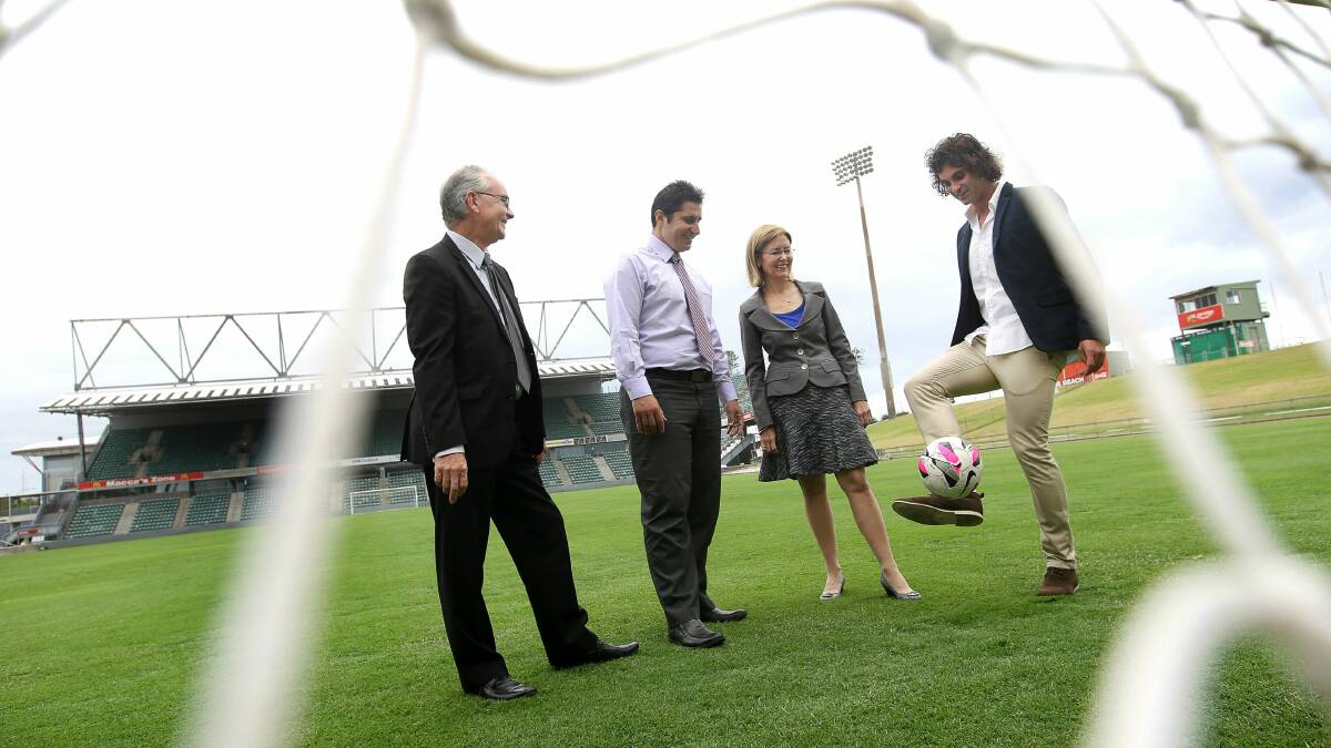 General Manager of WIN Sport Stuart Barnes, South Coast Wolves Chairman Bobby Mazevski, Minister for Sport and Recreation Gabrielle Upton and Wolves captain Jacob Timpano feel right at home at WIN Stadium. Picture: SYLVIA LIBER