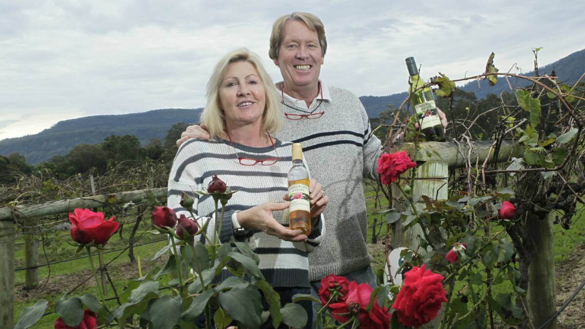 Louise Cole and Gary Peat in the Cambewarra Estate vineyard. The Shoalhaven estate is to be sold. Picture: DAVE TEASE