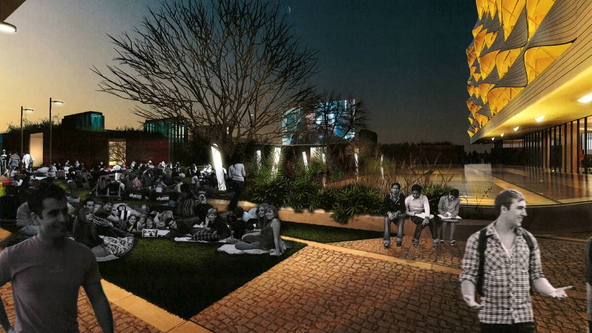A projected image of the rooftop area with green space.
