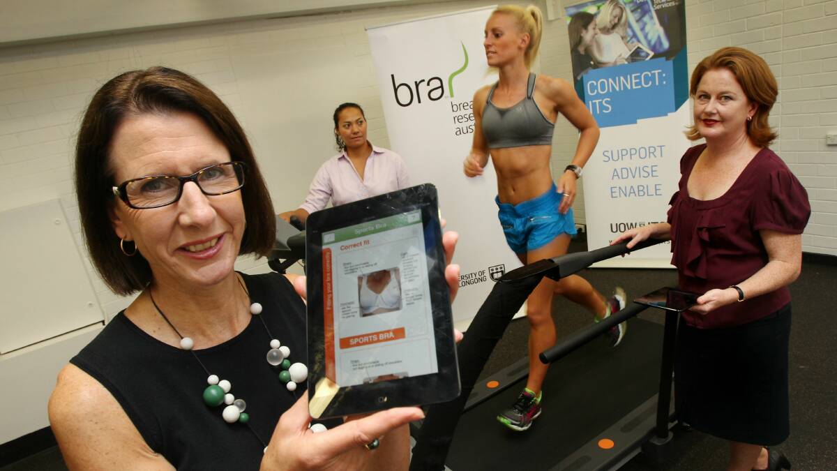 Professor Julie Steele, Bio Mechanics Research PHD student Sheridan Gho, third year physical education student Stephanie Power and Dr Deirdre McGhee launching the new Sports Bra app. Picture: KEN ROBERTSON