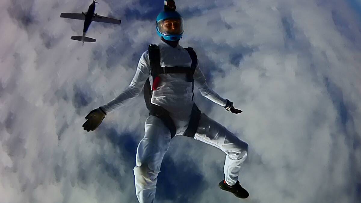 Peter Farley skydives at Sydney Skydivers in 2012. Photo: Andrew Ellard  