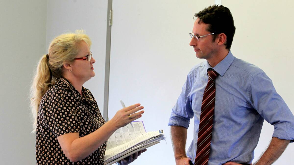 Jan Whitton emphasises a point under discussion with MP Stephen Jones. Picture: ORLANDO CHIODO