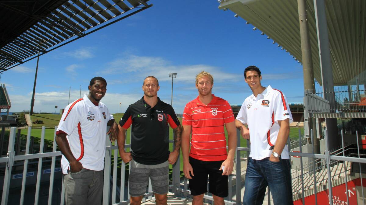 Hawks and Dragons stars (from left) Malcom Grant, Matt Cooper, Matt Prior and Oscar Forman are gearing up for an exciting double header on March 15 at WIN Stadium. Picture: ORLANDO CHIODO