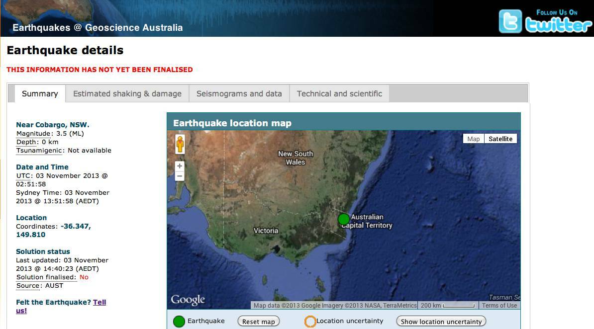 Sunday afternoon’s earthquake at Cobargo listed on the Geosciences Australia website.