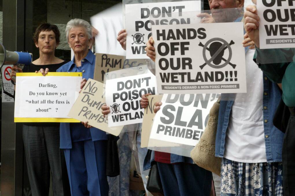 Dedicated Primbee residents at a rally outside Wollongong council to protest Burwell Technologies' plans to remove copper slag from Korrongulla Swamp.