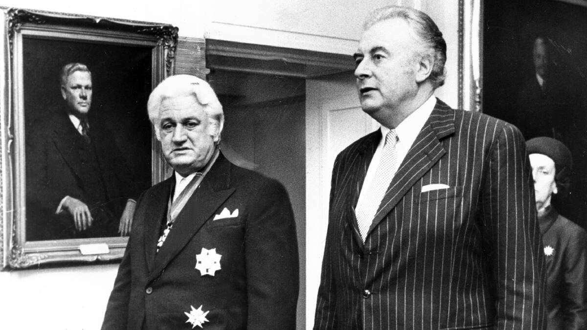 Sir John Kerr and Prime Minister Gough Whitlam in procession in the King's Hall, Parliament House, Canberra, for the swearing in of Kerr as the new Governor General, 11 July 1974.