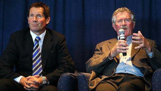 Bob Dwyer, right, pictured with current Wallabies coach Robbie Deans. Picture: Anthony Johnson