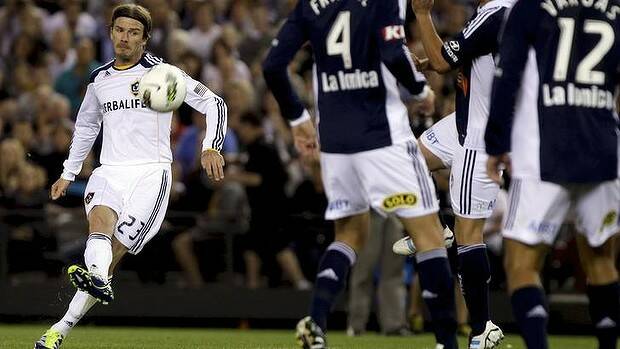 David Beckham in action for the LA Galaxy during a friendly against Melbourne Victory last year. Picture: Paul Rovere
