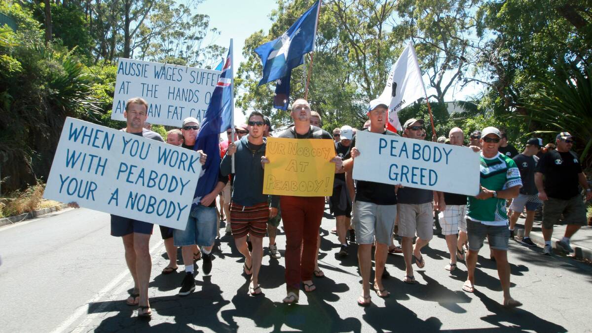Peabody workers at a protest on Monday. Picture: SYLVIA LIBER