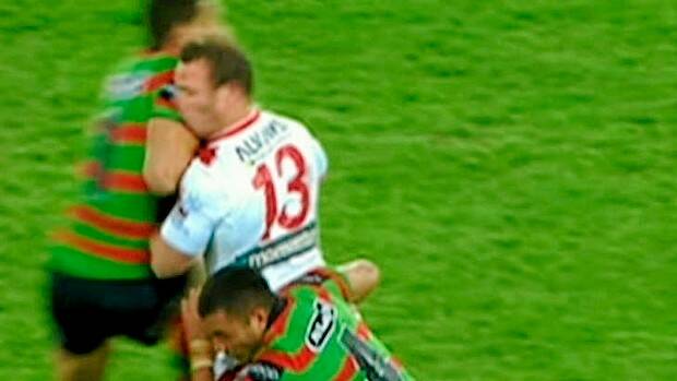 Greg Inglis's hit on Dean Young which knocked out the Dragons forward. Picture: Screen grab from FoxSports