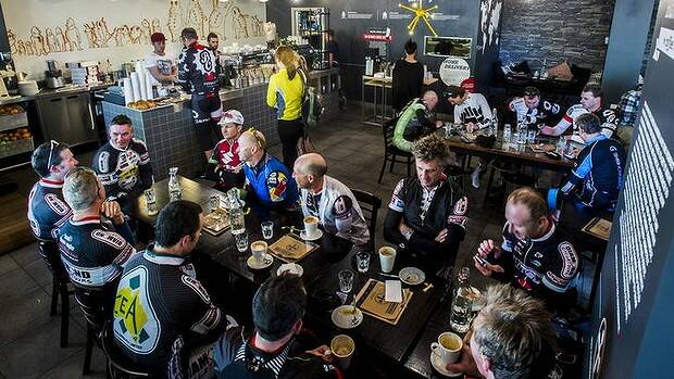 Cyclists drink morning coffees at Two Before Ten in Canberra. Picture: Rohan Thomson