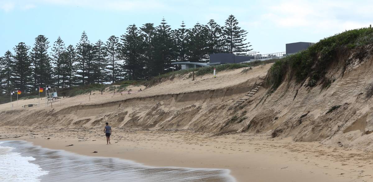 Big swells and a blustery southerly has turned City Beach into a series of sheer sand cliffs.