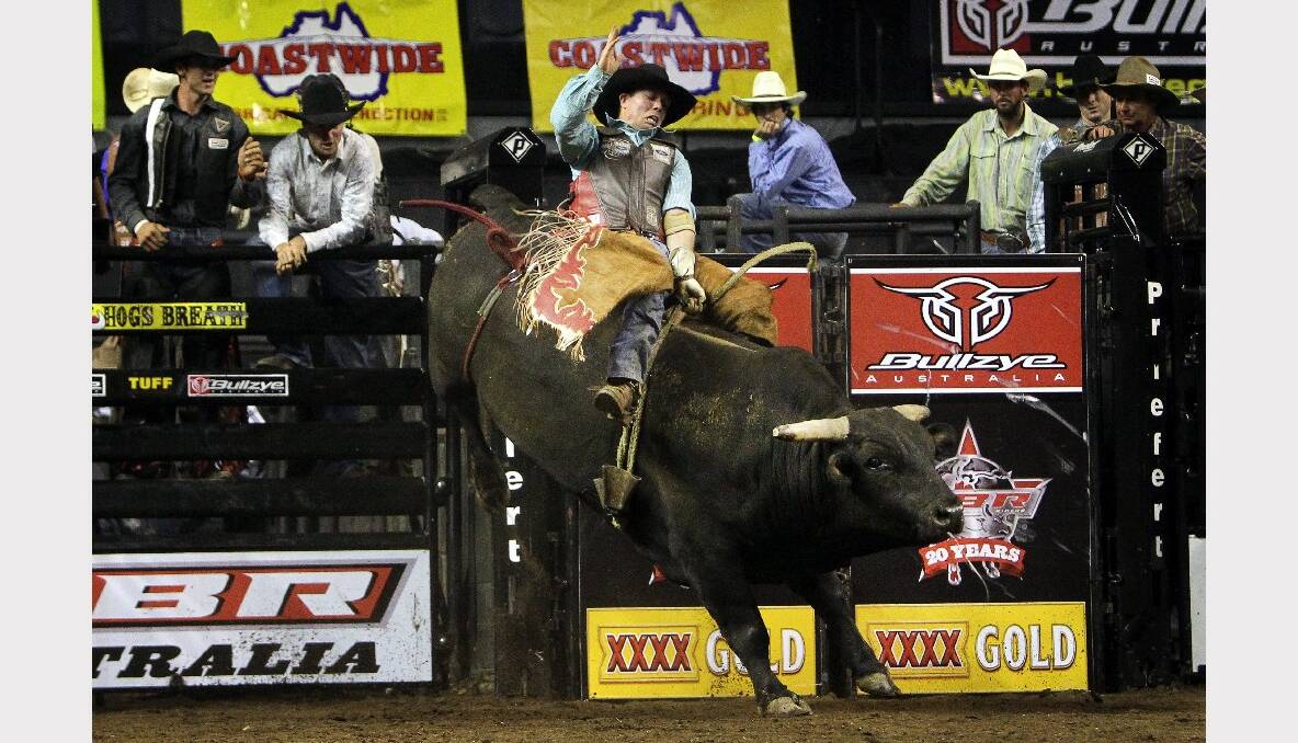 Mick Ford in the Professional Bull Riding competition at the WEC. Picture: SYLVIA LIBER 