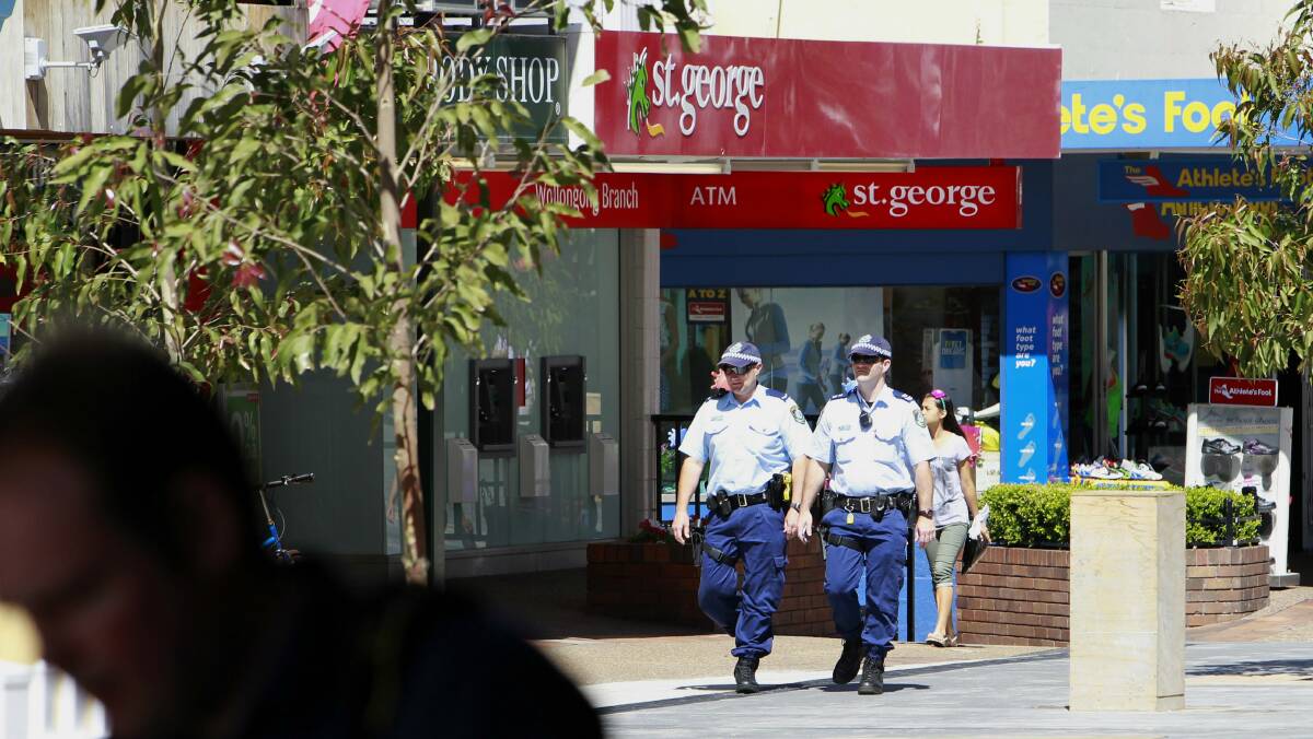 Wollongong police raise their profile in Wollongong's Crown Street Mall. Picture: ANDY ZAKELI