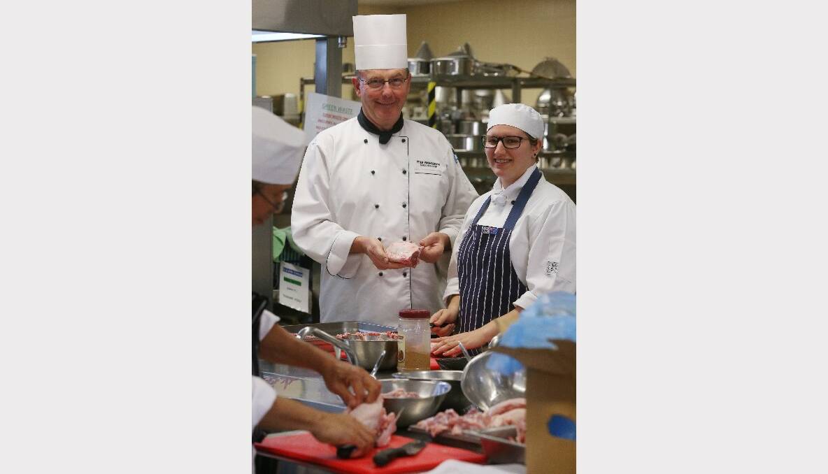 Executive chef Peter Washbourne supervises TAFE commercial cookery student Rachael Hornung. Picture: ROBERT PEET