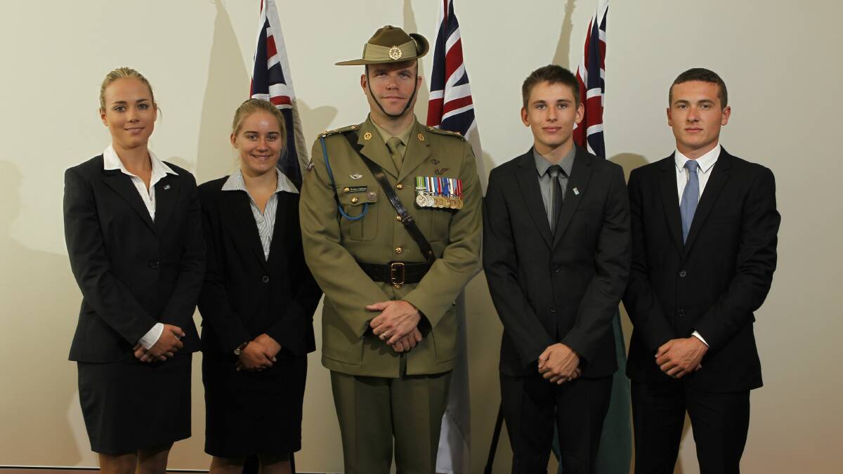 Lieutenant-Colonel Robert Calhoun (centre) with Frances Bell, Aimee Parsons, Jacob Rolfe and Jerome Abdelmessih. Picture: CHRISTOPHER CHAN