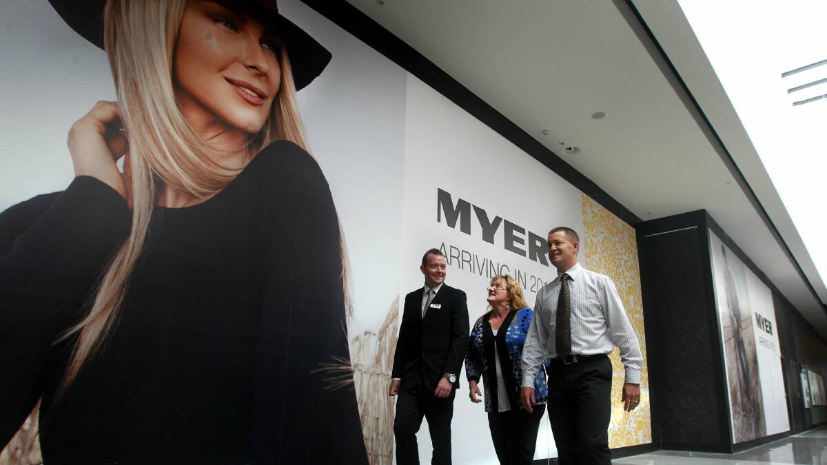 Mayor Marianne Saliba, Myer store manager Byron Holt, left, and Stockland store manager Brett Leonard. Picture: SYLVIA LIBER