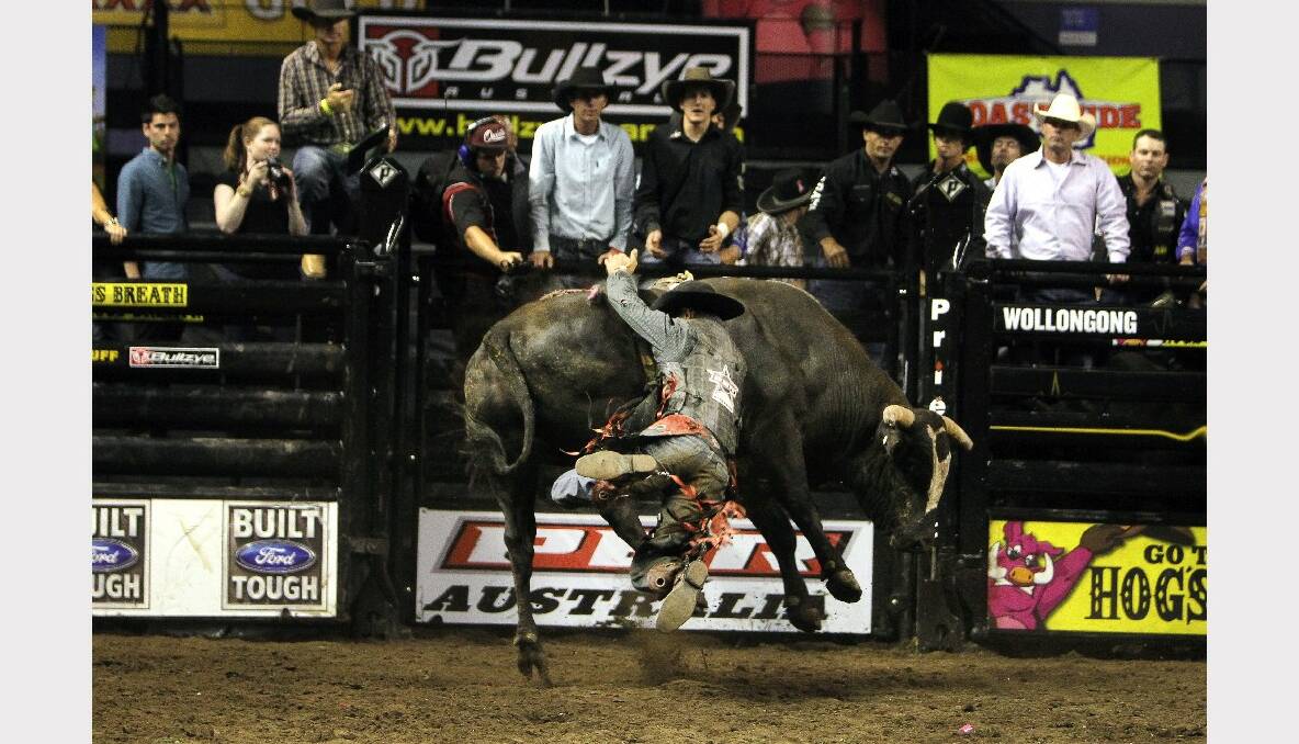 Ryan Dickens in the Professional Bull Riding competition at the WEC. Picture: SYLVIA LIBER 
