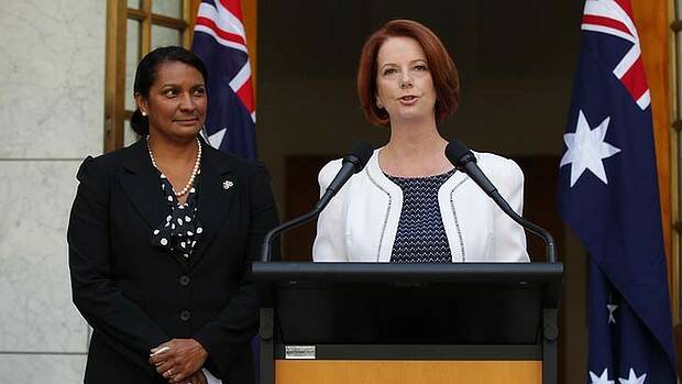 Nova Peris and Prime Minister Julia Gillard. Picture: Alex Ellinghausen