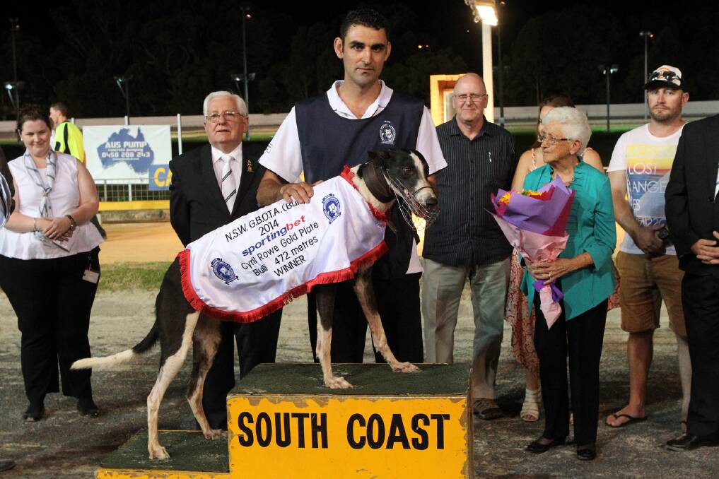 Owner Joe Scerri with Gradence after his win in the Group 3 Cyril Rowe Gold Plate final at Bulli. Picture: GREG TOTMAN